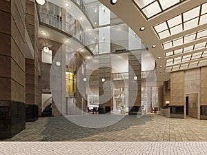 The interior design of the hotel lobby with a large multi-storey interior space. Stone columns, balconies and interfloor elevators