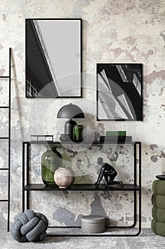 Interior design of indiustral living room with mock up poster frame, simple rack, gray concrete wall, braided pillow, lamp,