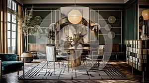 Interior design inspiration of Art Deco Retro style dining room loveliness .