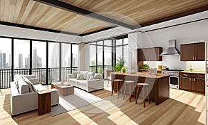 Interior design, kichen with living room in modern apartment with furniture and wooden floor. Generative Ai