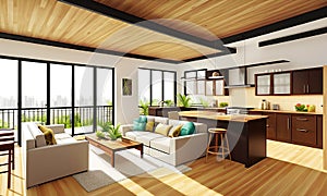 Interior design, kichen with living room in modern apartment with furniture and wooden floor. Generative Ai