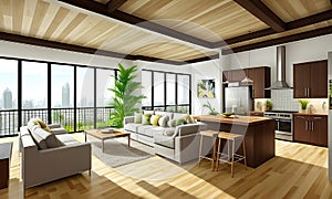 Interior design, kichen with living room in modern apartment with furniture and wooden floor. Generative Ai photo