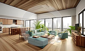 Interior design, kichen with living room in modern apartment with furniture and wooden floor. Generative Ai photo
