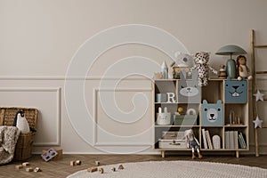 Interior design of kid room interior with copy space, wooden sideboard