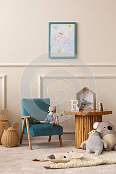 Interior design of kids room with mock up poster frame, round wooden table, blue armchair, plush toys, animal rug, wooden blockers