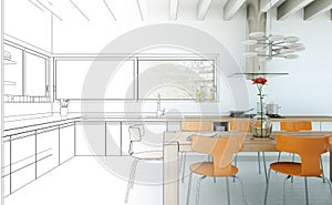 Interior Design Kitchen Drawing Gradation Into Photograph