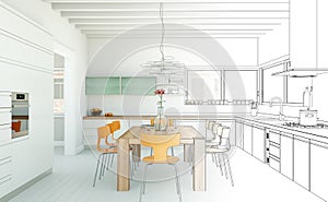 Interior Design Kitchen Drawing Gradation Into Photograph