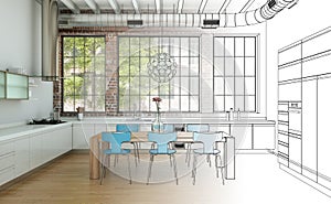 Interior Design Kitchen Drawing Gradation Into Photograph