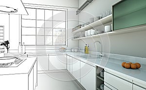 Interior Design Kitchen Drawing Gradation Into Photograph