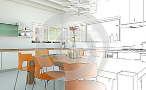 Interior Design Kitchen Drawing Gradation Into Photograph