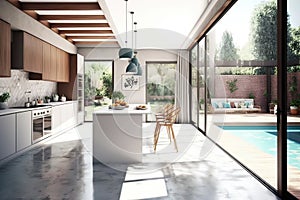 Interior design of a kitchen in a modern house with an open terrace and swimming pool. Generative Ai