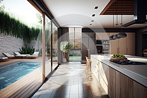 Interior design of a kitchen in a modern house with an open terrace and swimming pool. Generative Ai