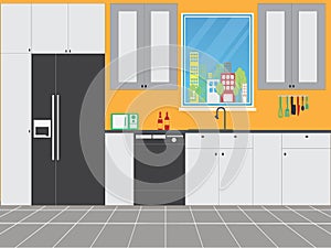 Interior design and kitchen vector illustration flat set