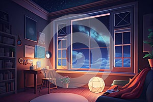 Interior design, large window looking over a start galaxy sky, night time, cozy, lofi art