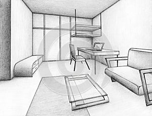 Interior design with living room in black line sketch with shadows on white texture paper, illustration