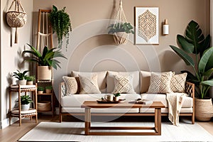 Interior design of living room with brown wooden sofa, macrame, bookstand, coffee table, plants pillows.