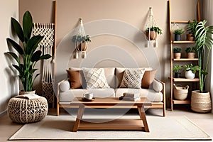 Interior design of living room with brown wooden sofa, macrame, bookstand, coffee table, plants pillows.