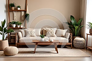 Interior design of living room with brown wooden sofa, macrame, bookstand, coffee table, plants pillows. photo