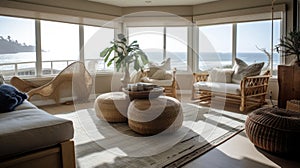 Interior deisgn of Living Room in Coastal style with Large windows with ocean view