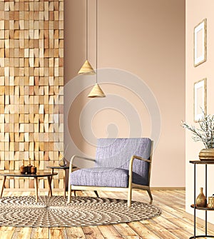 Interior with armchair and coffee tables in living room with wooden panelling and beige wall, home design 3d rendering