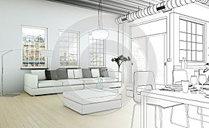 Interior Design Living Room Drawing Gradation Into Photograph