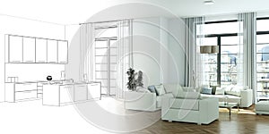 Interior Design Living Room Drawing Gradation Into Photograph