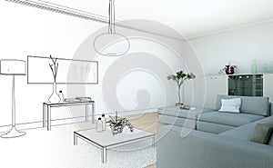 Interior Design Living Room Drawing Gradation Into Photograph