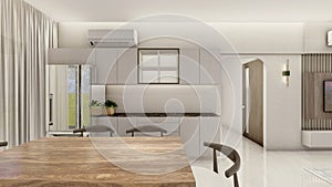 Interior design of a living room with false ceiling and lighting 3d rendering