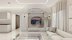 Interior design of a living room with false ceiling and lighting 3d rendering