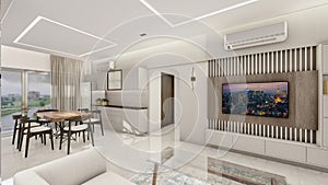 Interior design of a living room with false ceiling and lighting 3d rendering