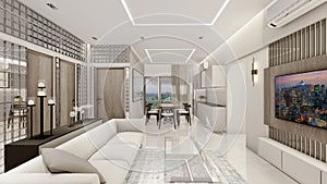 Interior design of a living room with false ceiling and lighting 3d rendering