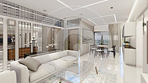 Interior design of a living room with false ceiling and lighting 3d rendering