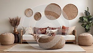 The interior design of the living room includes a stylish pouf, picture frames, carpet decorations...