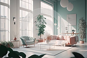 Interior design, living room, light pink and blue colors. AI generative