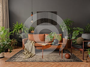 Interior design of living room interior with mock up poster frame, brown sofa, plants, wooden coffee table, lamp, ball, stylish