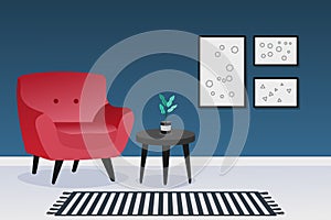 Interior design of a living room with red sofa and dark blue wall. Home interior. Vector illustration