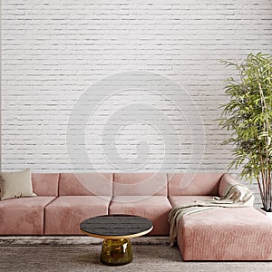 Interior design a livingroom with pink sofa and decors in front of the empy brick wall  wall mockup photo