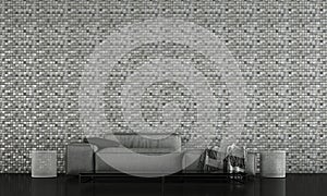 The interior design of loft minimal living room and white mosaic texture wall background