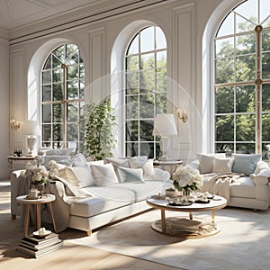 Interior Design Luxurious modern Living room, minimal tall window, Cozy sofa, serene nature scenery, Elegant villa