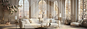 Interior Design Luxurious modern Living room, minimal tall window, Cozy sofa, serene nature scenery, Elegant villa