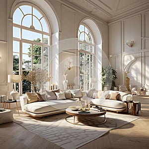 Interior Design Luxurious modern Living room, minimal tall window, Cozy sofa, serene nature scenery, Elegant villa