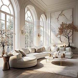 Interior Design Luxurious modern Living room, minimal tall window, Cozy sofa, serene nature scenery, Elegant villa