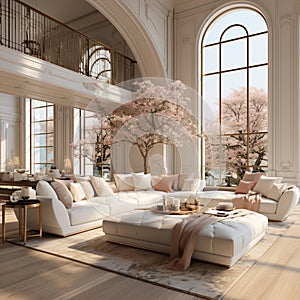 Interior Design Luxurious modern Living room, minimal tall window, Cozy sofa, serene nature scenery, Elegant villa