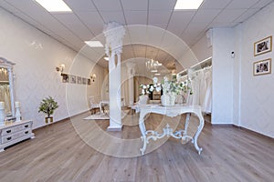 Interior design of a luxurious venue for bridal gowns