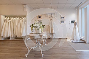 Interior design of a luxurious venue for bridal gowns