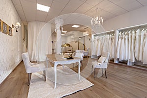 Interior design of a luxurious venue for bridal gowns