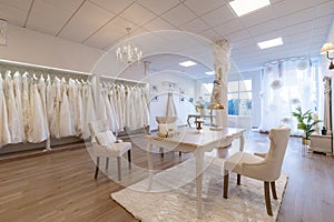 Interior design of a luxurious venue for bridal gowns