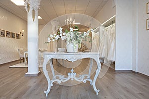 Interior design of a luxurious venue for bridal gowns