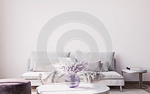 Interior design of luxury living room with stylish sofa, purple vase , and elegant accessories
