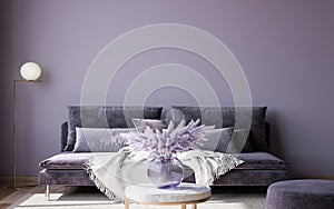 Interior design of luxury living room with stylish sofa, purple vase , and elegant accessories on purple empty wall